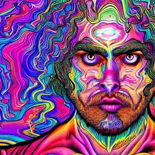 Image similar to a psychedelic godlike humanoid, hyper detailed, in the style of rutkowski and junji ito and bob ross and lisa frank, selfie