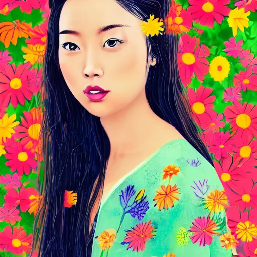 Prompt: a portrait of a young asiatic lady, perfect face, hot summertime hippie, fancy dress , flowers background , sunny day, perfecly detailed, realistic portrait, perfect design, natural light