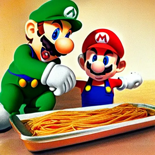 Prompt: mario eating spaghetti with luigi