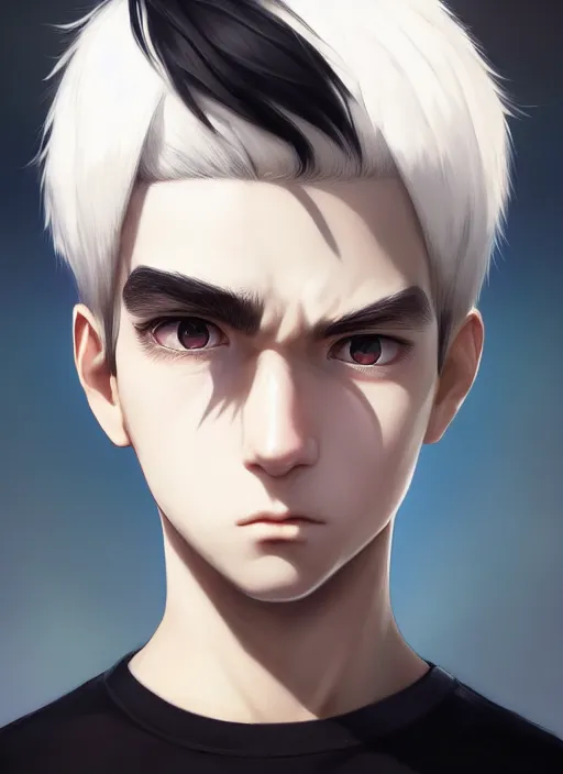 Prompt: detailed portrait art of boy with white three to seven hair, art by ross tran ilya kuvshinov krenz cushart, wear a white shirt, the left eye is black, the right eye is blue, and the bone is exposed on the right forehead, very detailed, intricate, digital anime art, sharp focus