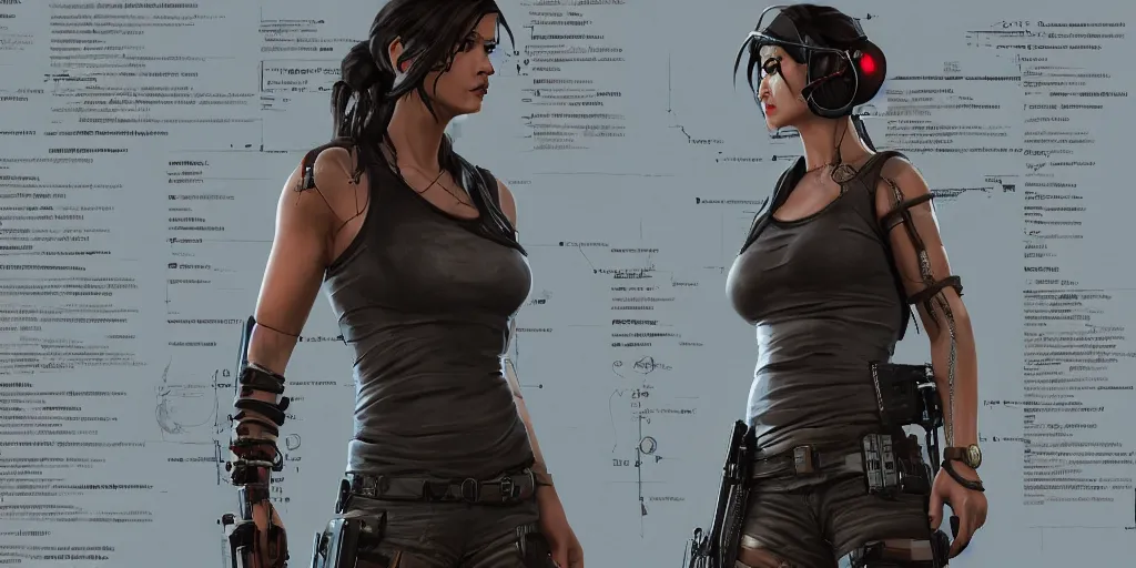 Image similar to cyberpunk lara croft, character sheet, concept design, contrast, hot toys, kim jung gi, greg rutkowski, zabrocki, karlkka, jayison devadas, trending on artstation, 8 k, ultra wide angle, pincushion lens effect