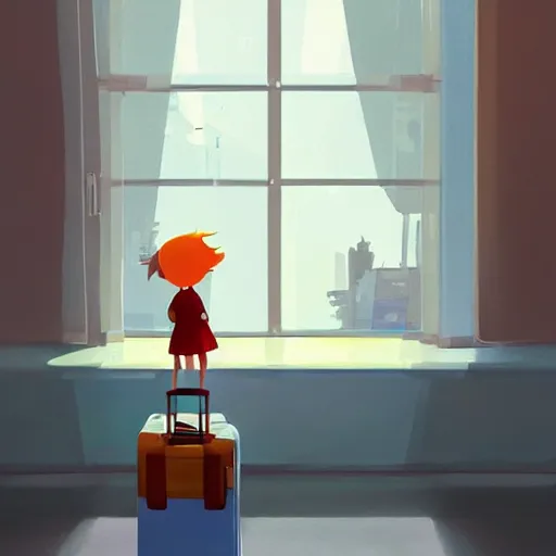 Prompt: goro fujita ilustration girl leaving home with suitcases, through the window you can see the city, warm light, painting by goro fujita, sharp focus, highly detailed, artstation