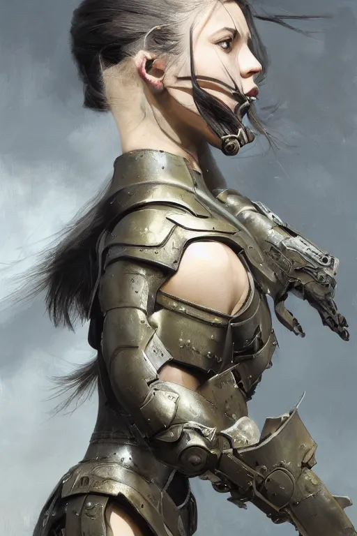 Image similar to a photorealistic painting of an attractive young girl, partially clothed in battle armor, olive skin, long dark hair, beautiful bone structure, symmetrical facial features, intricate, elegant, digital painting, concept art, illustration, sharp focus, minimal artifacts, from Metal Gear, in the style of Ruan Jia and Mandy Jurgens, by Greg Rutkowski, trending on Artstation, award winning