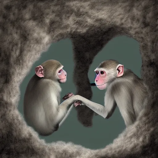 Image similar to two macaques looking at each other inside ancient cave, digital art, soft shadows, creepy art, drawn by shadman