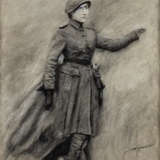 Image similar to ww 1 action heroine, by alfred stevens in charcoal