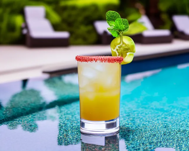 Prompt: 5 5 mm photo of best round cocktail on a zen minimalist table with gorgeous pool in the background. highly detailed 8 k. intricate. lifelike. soft light. nikon d 8 5 0.