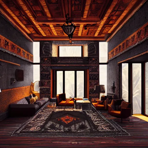 Prompt: aztec interior design, superwide angle, light through the mist, dramatic lighting, photorealistic, cinematic lighting, high detail, cinematic feel