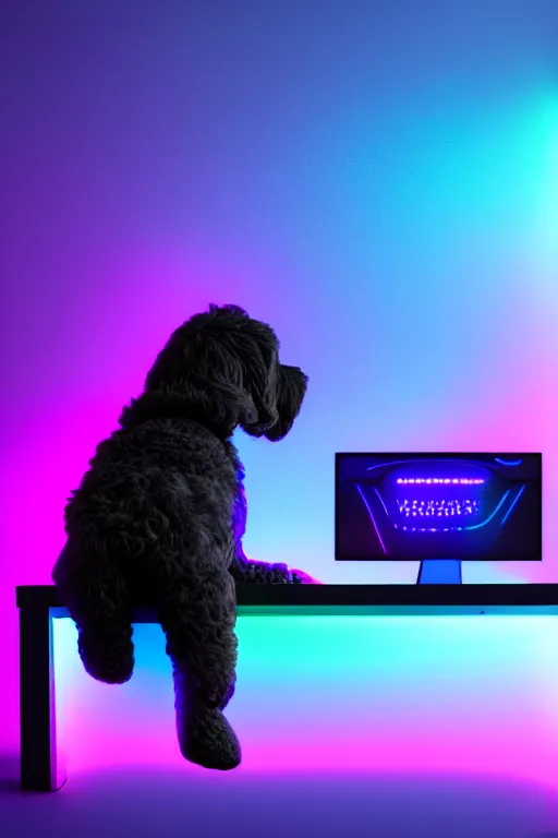 Image similar to young gamer sitting in gaming chair + neon rgb light strips, large computer monitor, galaxy themed room, cute bernedoodle puppy sitting at his feet, 4 k, award winning, octane render, volumetric lighting