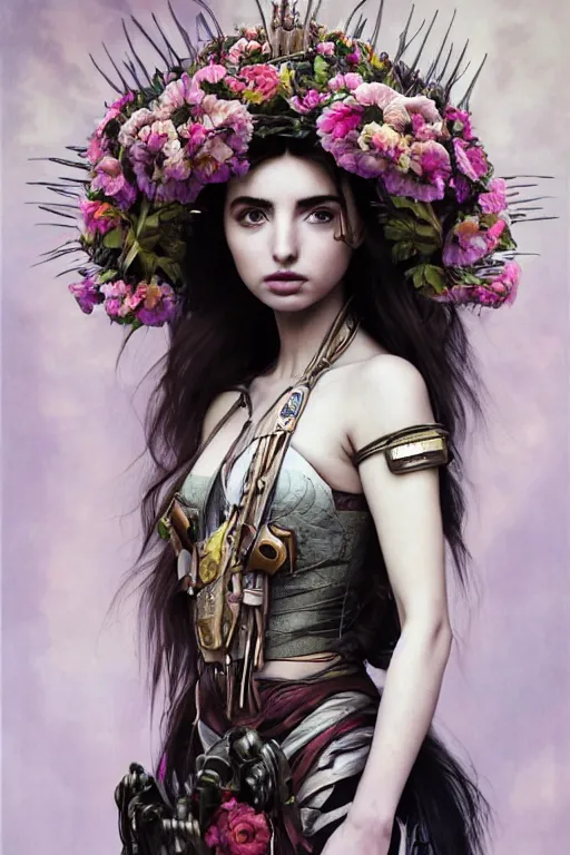 Prompt: medium body shot portrait of ana de armas, perfectly proportioned face by wlop, as a female mythical magical aztec warrior wearing a crown of long white cables and black peony flowers as a cyberpunk cyborg goddess, standing over a plain modern background, realistic and detailed, by aaron de leon, sandro boticelli, studio ghibli and alphonse mucha, hdr 8 k