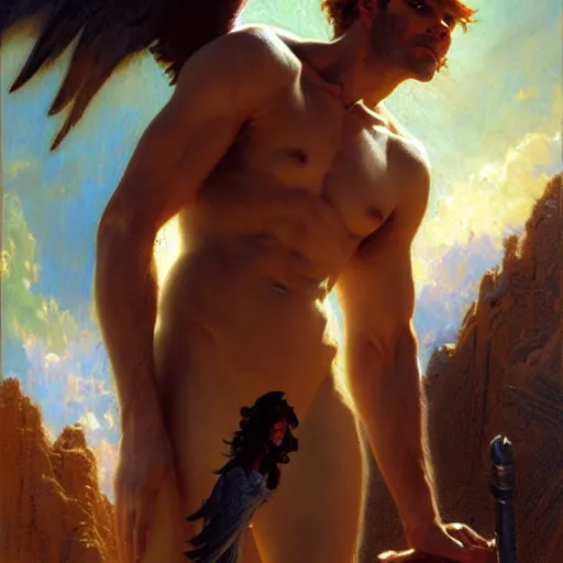 Image similar to attractive male lucifer morning s raising hell unto heaven. highly detailed painting by gaston bussiere, craig mullins, j. c. leyendecker, 8 k