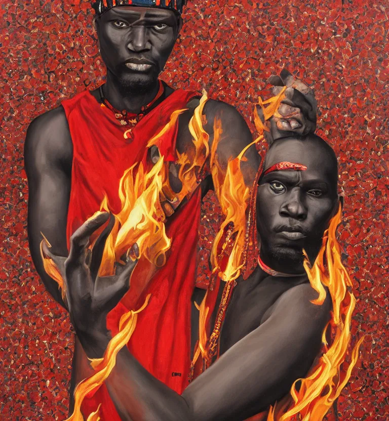 Image similar to a realistic painting of the yoruba god of the streets and paths, orisha esu, wearing red and black clothes with fire in his right hand, digital art, detailed.