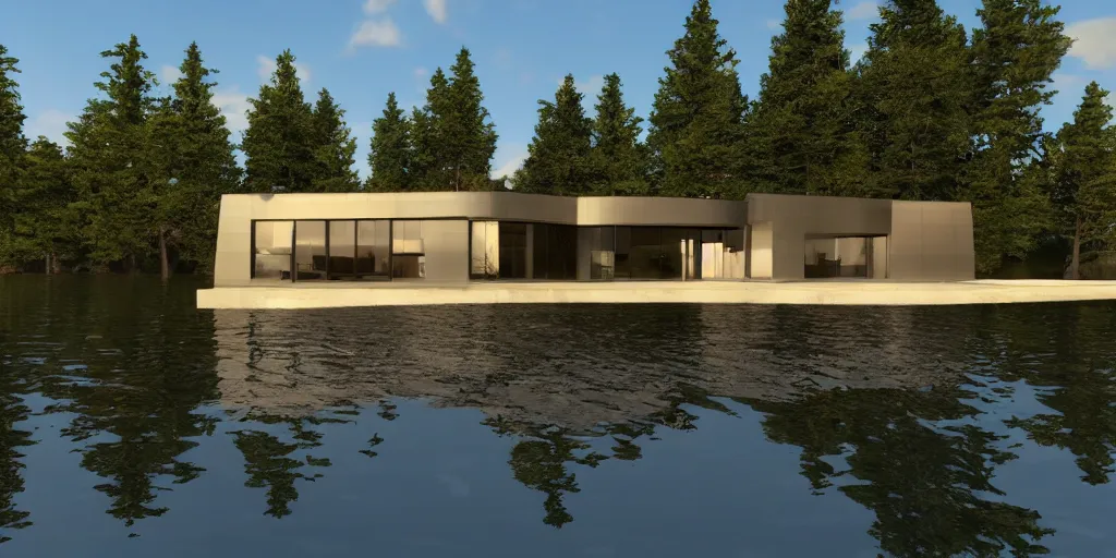 Image similar to modern house on a lake, reflections, sun, ultra realistic, epic lighting, unreal engine 5