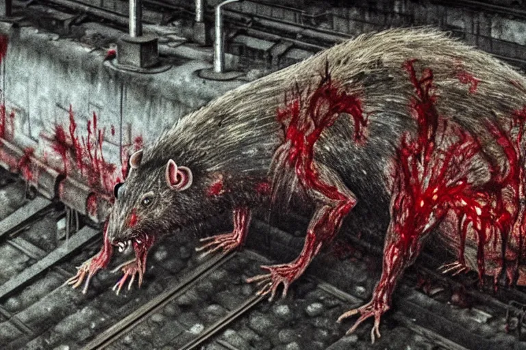 Image similar to very large giant mutant zombie irradiated angry rat staying on railways in tonnel of moscow subway. extreme high detail, very realistic. low dark light, scary mood. hermann nitsch