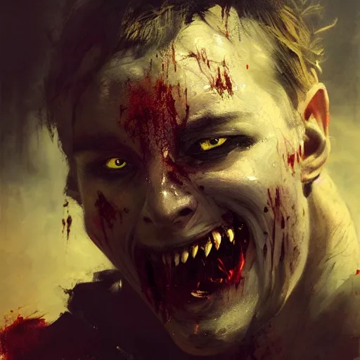 Image similar to portrait painting of a vampire monster, mysterious atmospheric lighting, feral, teeth, a bit of blood, manor, medieval, dark fantasy, painted, intricate, volumetric lighting, rich deep colours masterpiece, golden hour, sharp focus, ultra detailed, by ruan jia