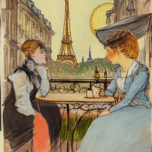 Prompt: two young edwardian women sit outside a cafe in paris at night, the moon is in the sky, the eiffel tower is visible in the background, in the style of carl larsson