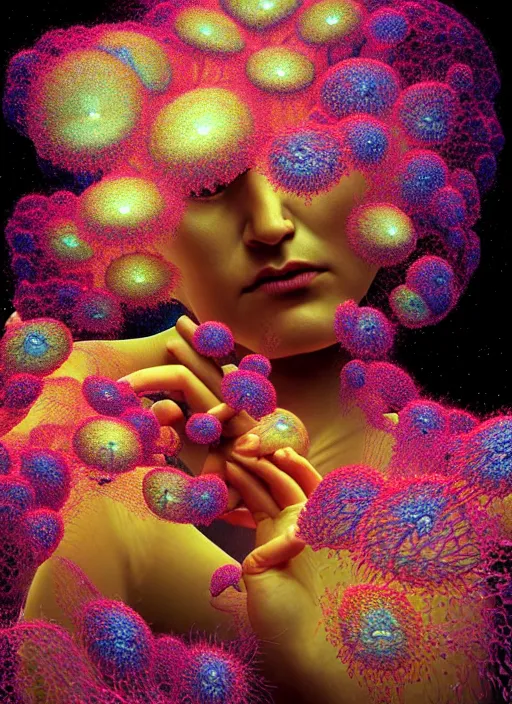 Image similar to hyper detailed 3d render like a Oil painting - Aurora (Singer) seen Eating of the Strangling network of yellowcake aerochrome and milky Fruit and Her delicate Hands hold of gossamer polyp blossoms bring iridescent fungal flowers whose spores black the foolish stars by Jacek Yerka, Mariusz Lewandowski, Houdini algorithmic generative render, Abstract brush strokes, Masterpiece, Edward Hopper and James Gilleard, Zdzislaw Beksinski, Mark Ryden, Wolfgang Lettl, hints of Yayoi Kasuma, octane render, 8k