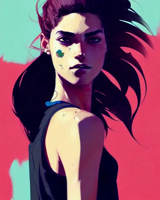 Image similar to a ultradetailed beautiful portrait painting of a stylish woman with a ponytail, she is wearing a black tank top and jeans, by conrad roset, greg rutkowski and makoto shinkai trending on artstation