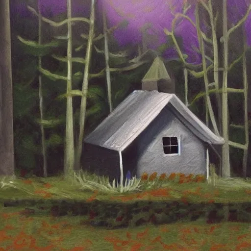 Prompt: a painting of a eerie cabin in the middle of the woods in the style of alison geissler
