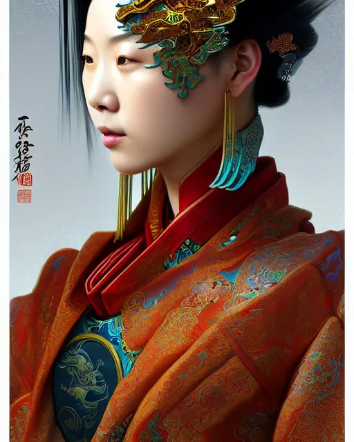 Image similar to portrait of a chinese cyberpunk machine, machine face, arms, upper half portrait, decorated with chinese opera motifs, regal, asian, fine china, wuxia, traditional chinese art intricate intense elegant 京 剧 highly detailed digital painting artstation concept art smooth sharp focus illustration, art by artgerm and greg rutkowski alphonse mucha 8 k