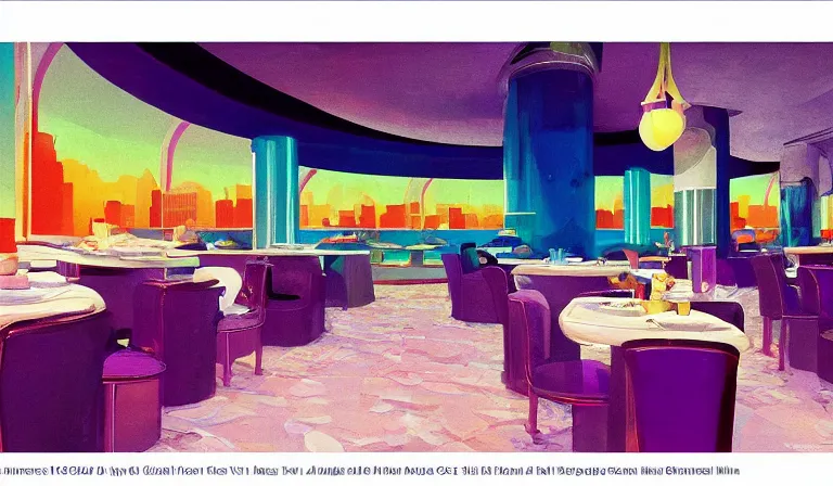 Image similar to a beautiful, sharp focus, clean lines. the interior of an art deco undersea restaurant. vaporwave ombre rendering. outrun style. fish. neon backlit jellyfish. trending on artstation. recommended for you behance. by chris moore. by edward hopper. ambient occlusion. digital matte painting. metropolis filmic. gotham city.