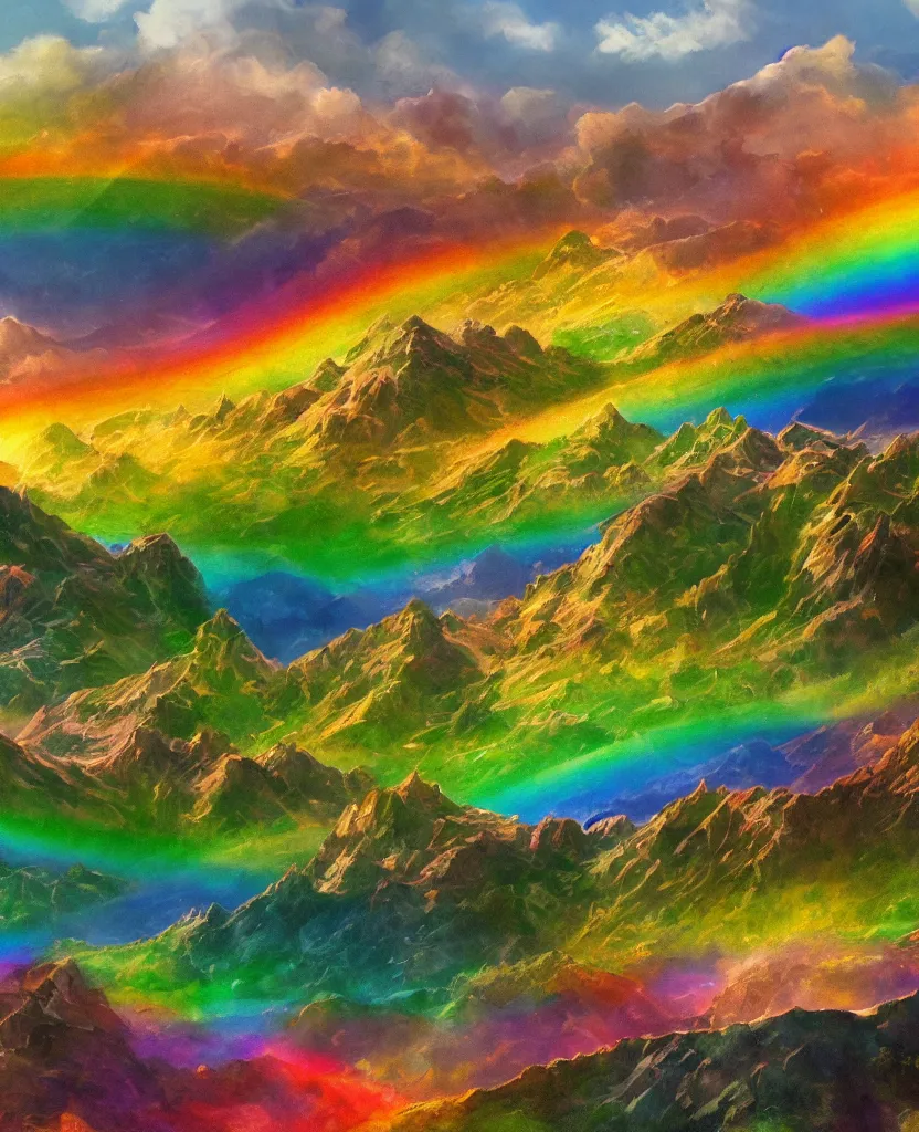 Prompt: enormously detailed hd photo of three parallel rainbows at horizon, landscape with mountains and flowers, concept art, high quality painting, 8K detail post-processing