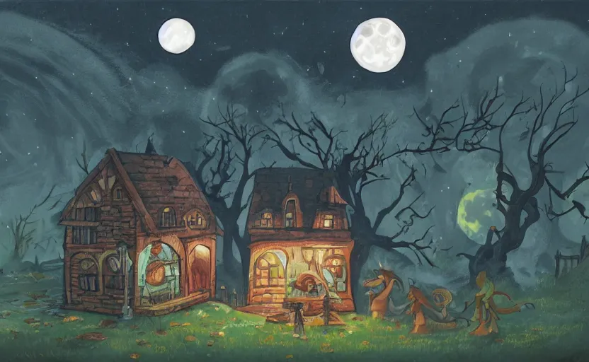 Image similar to a witch's shop against a giant moon, storybook, gouache, flat, concept art, lush