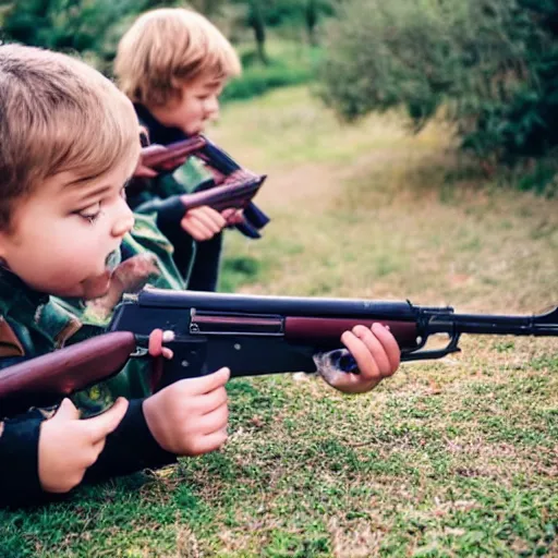 Prompt: a photo of kids playing with aks.