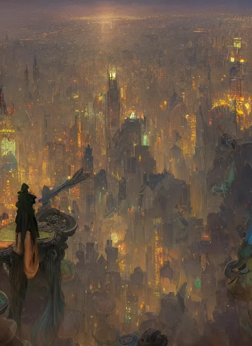 Image similar to birds eye view on a city full of people, huge twisted old man in the clouds in the center highly detailed, digital painting, artstation, concept art, cinematic lighting, sharp focus, illustration, by gaston bussiere alphonse mucha