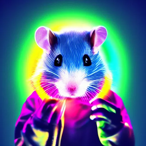 Image similar to cyberpunk hamster! holding rainbow! gem! crystal, neon lights, light reflection, 8 k, hd