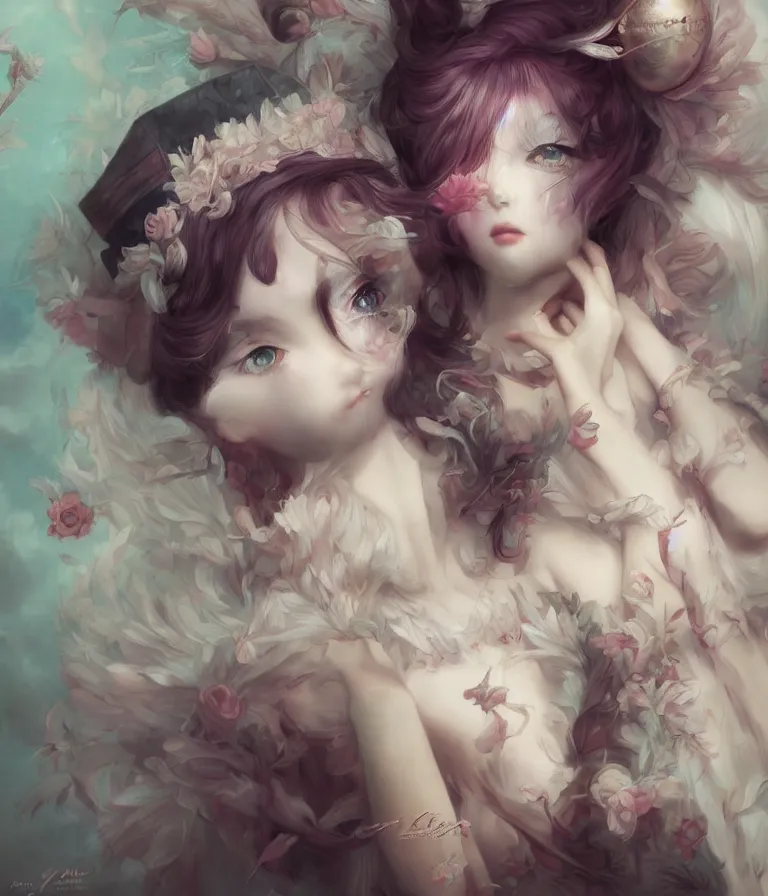 Image similar to anime 3 d art, wlop art, realistic marie antoinette girl painting, japanese street fashion, hyper realism, muted colours, rococo, natalie shau, anime, tom bagshaw style