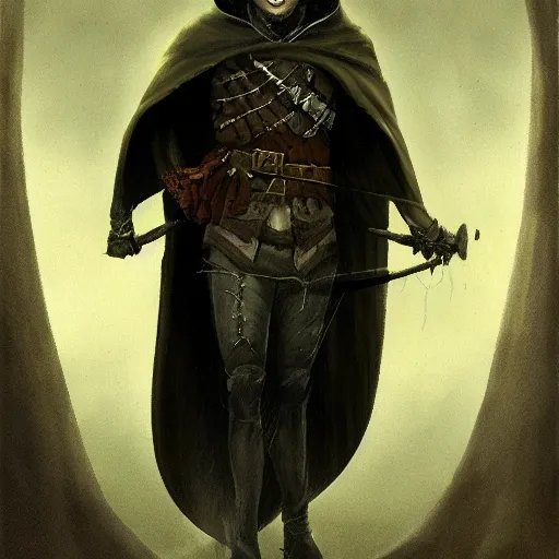 Image similar to portrait of small pale cowardly man wearing dark cloak, rogue, fear, fantasy artwork, dnd, looking sideways, high fantasy
