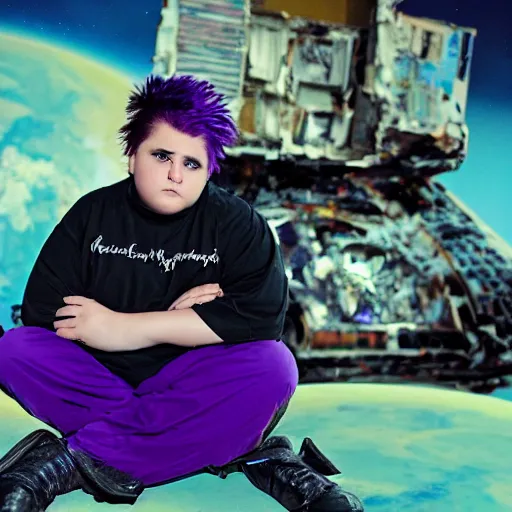 Image similar to portrait of an overweight depressed teenager with emo haircut wearing gothy purple and black spandex suit, sitting next to smashed burning spacecraft wreckage, on the orange surface of mars, highly detailed, dramatic lighting, photorealistic, cinematic