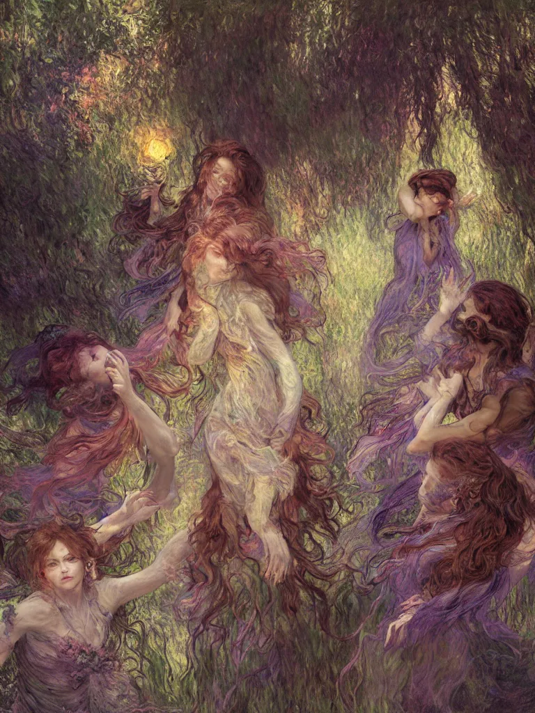 Image similar to illustration studio portrait of three dark beautiful seraphim female energy dancing in artistic poses in a witch's coven at the forest, a big firepit emerges, monet painterly motives and textures pattern, hyper detailed, octane render, vivid colors, artstation, by jeremy mann, by alphonse mucha, by monet