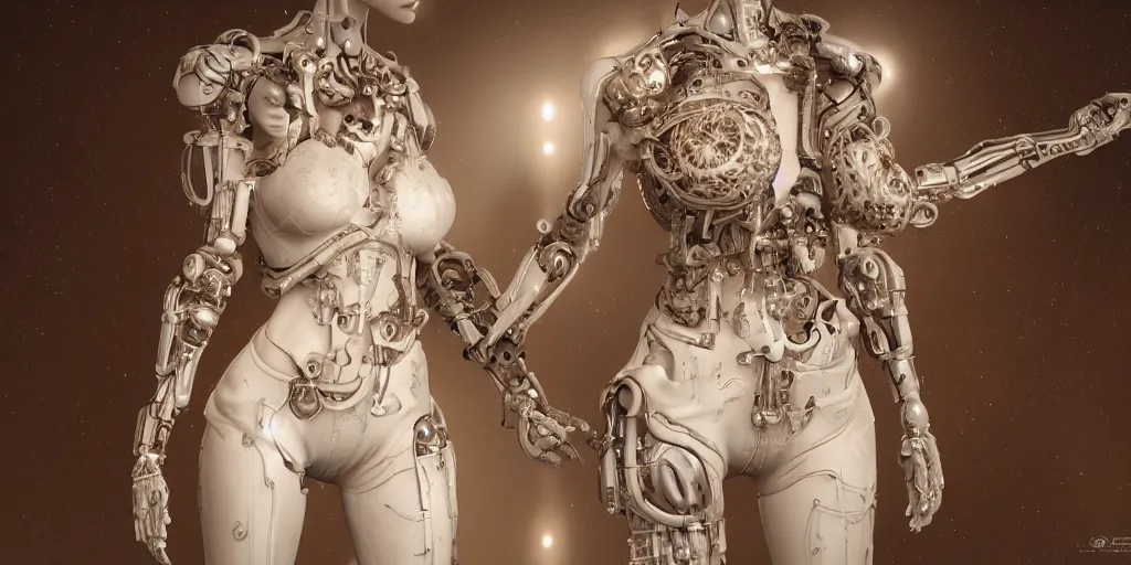 Prompt: photorealistic, gorgeous symmetrical female cyborg, holding hands, lovingly holding highly detailed, synthetic creation, intricate, in the style of beth cavener, jin kagetsu, wlop, masterpiece, concept art, high key lighting, ambient lighting, octane render, 8 k, artstation