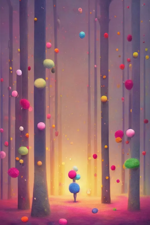 Image similar to a matte digital painting of a candy forest at night, bokeh, bright colours, watercolor, volumetric wool felting, macro photography, children illustration, by goro fujita