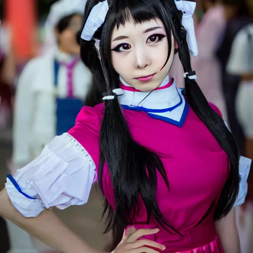 Image similar to a symmetric and beautiful face, full body high definition photo of a cosplayer with twin tails, wearing maid uniform, photo taken with Sony a7R