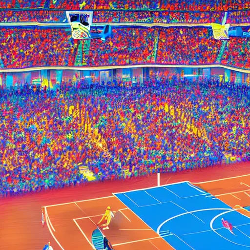 Prompt: a filled sports arena watching a basketball game, digital art, colorful, detailed, cheering