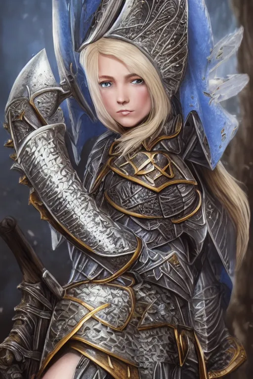 Prompt: highly detailed full body shot of a proud young elven knight in the style of Warhammer Fantasy by Artgerm and Arian Mark, short blonde hair, blue eyes, sapphire earrings, no helmet, low angle shot, highly detailed, trending on artstation, cgsociety, 4k, 8k, HDR, octane render, unreal engine