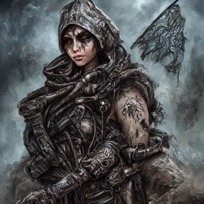 Image similar to beautiful apocalyptic woman in hooded cloak, standing on mad max panzer tank, hyper-detailed, smooth, sharp focus, 4k ultra hd, fantasy dark art, tank girl, artgerm, artstation, octane render, elegant, detailed digital painting, apocalyptic art