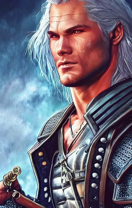 Prompt: pretty muscular sam winchester as the witcher in a romantic book cover, fantasy style, sharp focus!, ultra detailed, art by artgerm and peter andrew jones, wlop