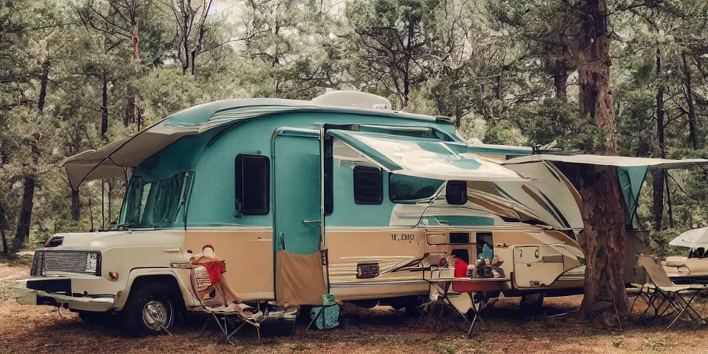 Image similar to Camping RV's in America by Wes Anderson, fantasy, imagination, cinematic