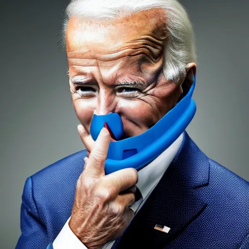 Image similar to uhd candid photo of joe biden wearing a anti - biting muzzle, with accurate face, real anti - biting muzzle, uhd, studio lighting, correct face, photo by annie leibovitz