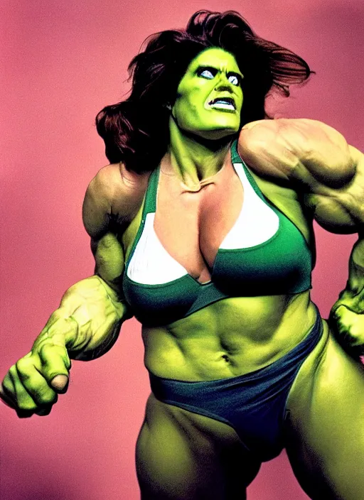 Image similar to a color photo portrait of she hulk in la by annie liebovitz, dramatic lighting, 7 5 mm lens, sharp focus.