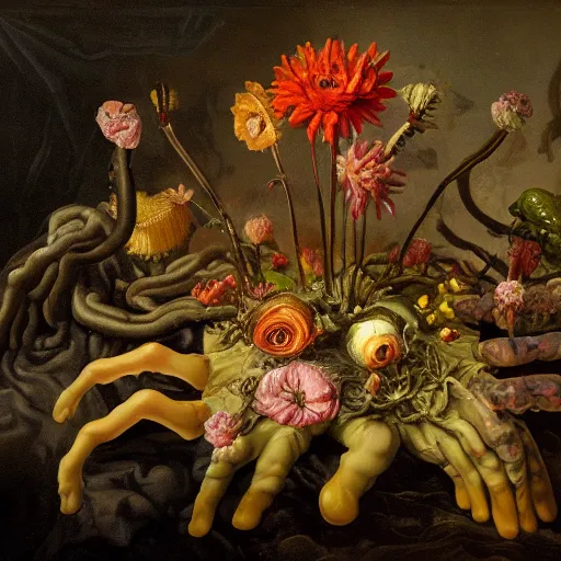 Image similar to disgusting disturbing strange dutch golden age oil painting bizarre mutant flower floral still life with many human toes realistic human toes blossoming everywhere insects very detailed fungus tumor disturbing tendrils bizarre slimy forms sprouting up everywhere by rachel ruysch christian rex van minnen black background chiaroscuro dramatic lighting perfect composition masterpiece high definition 8 k 1 0 8 0 p