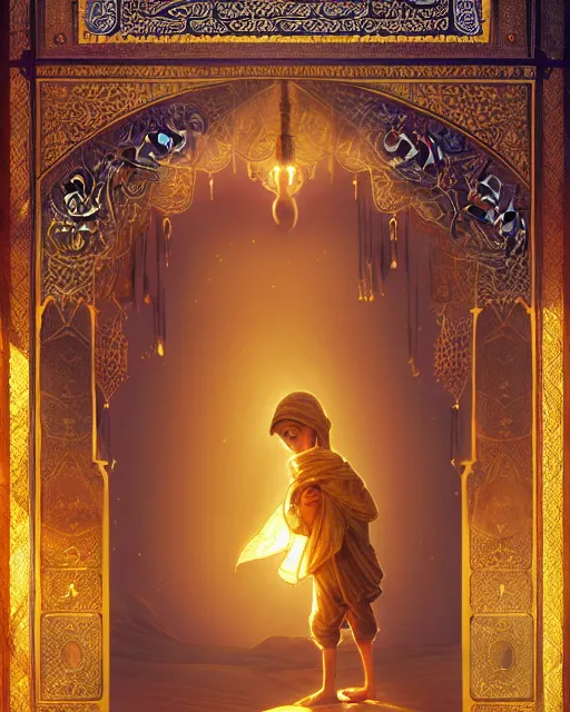 Image similar to a faceless bedouin child infront of a big open quran highly detailed, gold filigree, romantic storybook fantasy, soft cinematic lighting, award, watercolor illustration by mandy jurgens and alphonse mucha and alena aenami, pastel color palette, featured on artstation