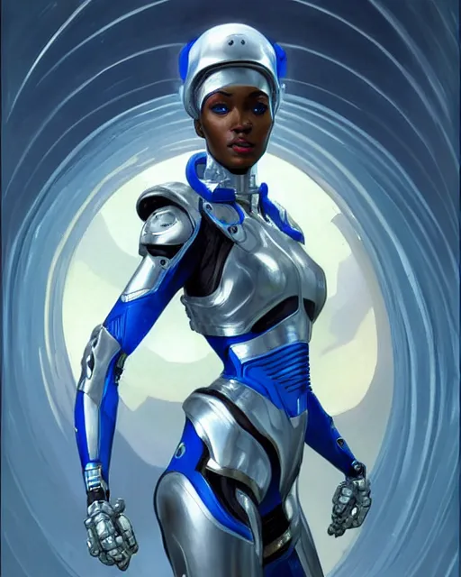 Prompt: Epic Poster of very very very very very very beautiful african woman, spacesuit, futuristic cybernetic helmet, blue eyes, real life skin, intricate, elegant, highly detailed, artstation, concept art, smooth, sharp focus, art by artgerm and greg rutkowski and alphonse mucha