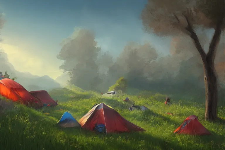 Image similar to meadow camping picnic 4 k, octane, digital painting, hyperdetailed artstation, concept art, sharp focus, illustration