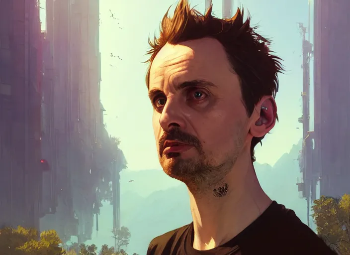 Image similar to highly detailed portrait of matthew bellamy, in gta v, stephen bliss, unreal engine, fantasy art by greg rutkowski, loish, rhads, ferdinand knab, makoto shinkai and lois van baarle, ilya kuvshinov, rossdraws, tom bagshaw, global illumination, radiant light, detailed and intricate environment