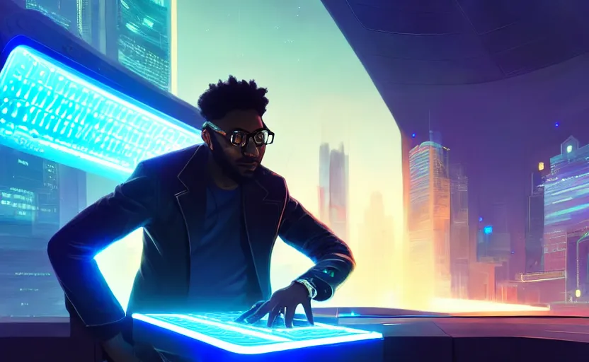 Image similar to handsome black genius hacking the metaverse, holographic keyboard, curved digital displays, urban interior, electric blue glowing lights, highly detailed, digital painting, artstation, concept art, smooth, sharp focus, illustration, art by wlop, mars ravelo and greg rutkowski