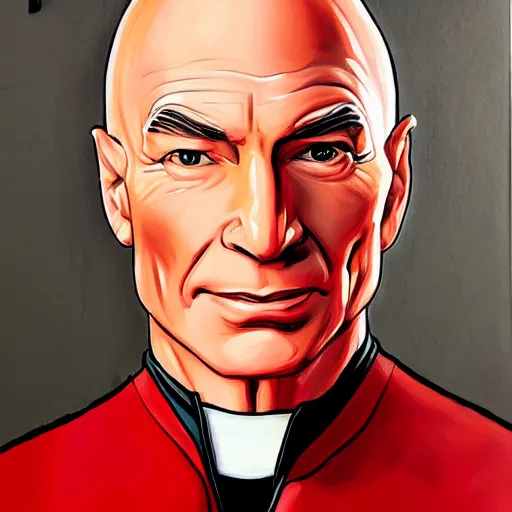 Prompt: a hyper real comic book style portait painting of captain picard with a red dress and lipstick